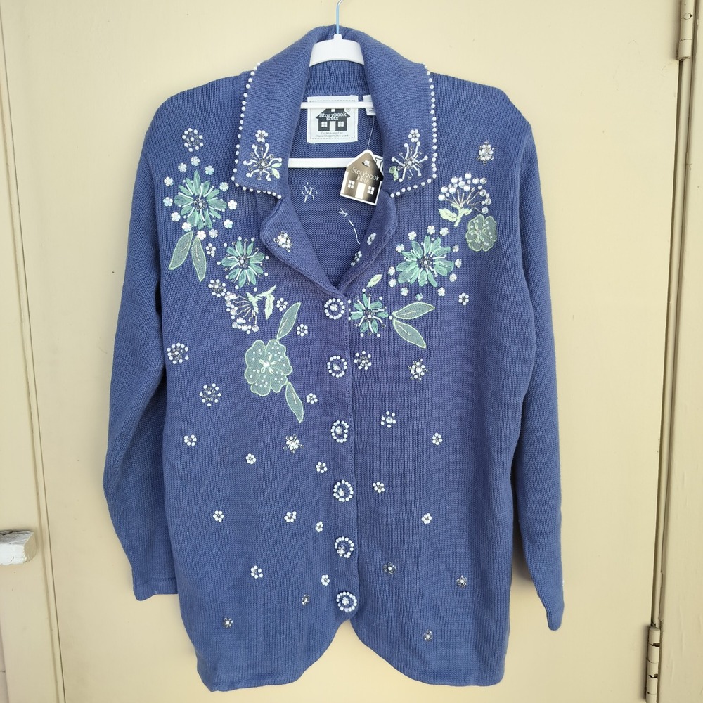 NWT Storybook Knits Beaded Floral Embroidered Blue Cardigan Sweater Grandma Core